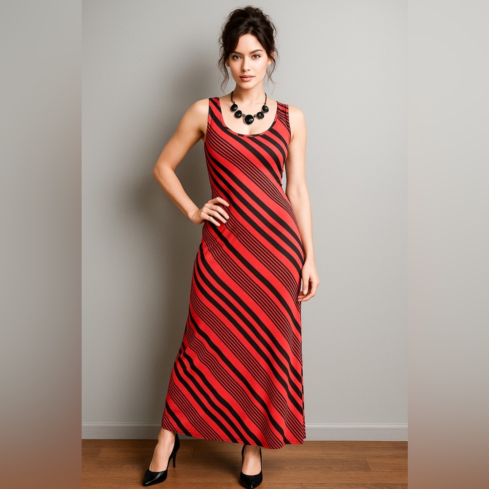 Rouge Collection Red & Black Striped Maxi Dress – Size 2X